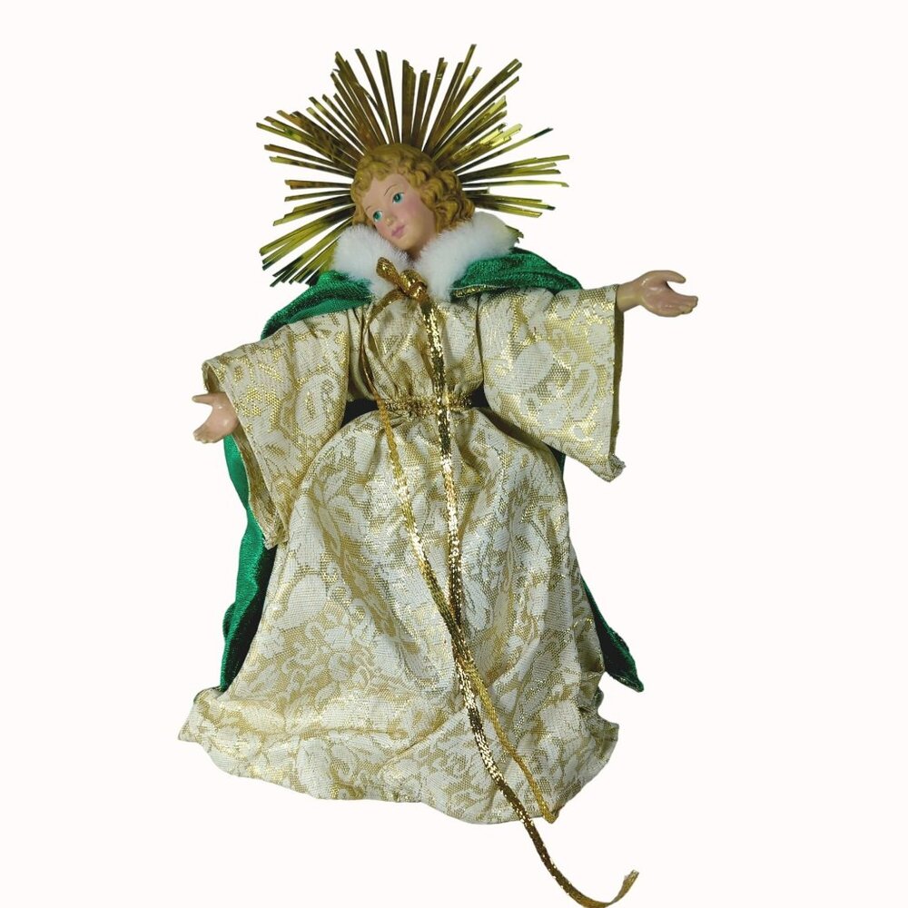 Vintage Porce Angel Figurine With Gold Halo & Wings In Brocade Robe & Velvet Cap